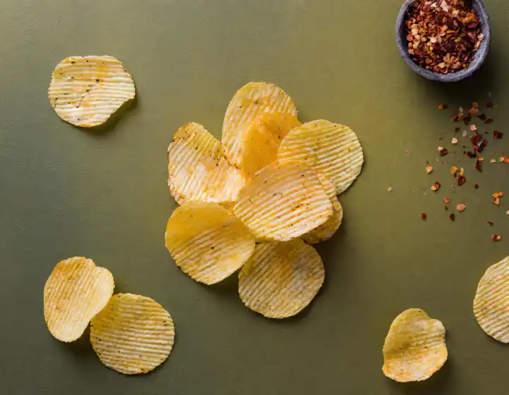 Kartoffelchips Snack Lebensmittel nützlich als Hintergrund, AI generiert