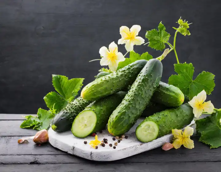 Gurken Gemüse vegetarisches Essen auf einem Holztisch, AI erzeugt