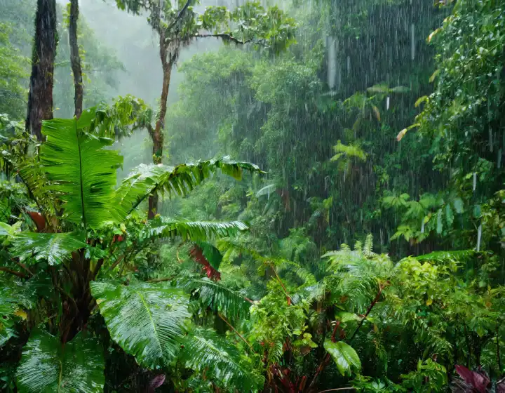 üppige Vegetation im Regen als natürlicher Hintergrund, AI-generiert