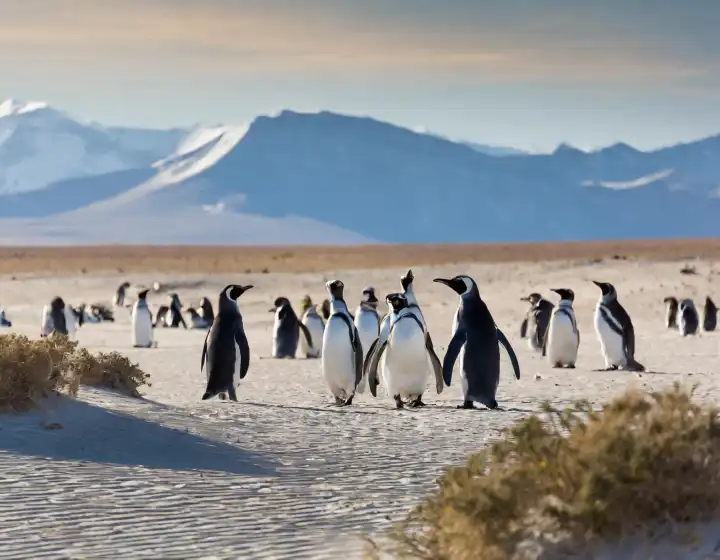 Klimawandel Umweltkonzept Pinguine in der Wüste, AI generiert