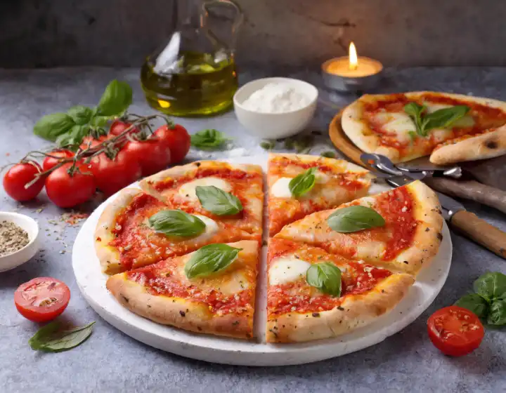 Pizza Margherita mit Tomate, Basilikum und Mozzarella, AI erzeugt