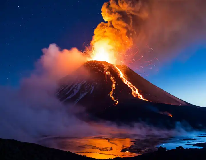 Vulkanausbruch in der Nacht, Rauch und Feuer, KI erzeugt
