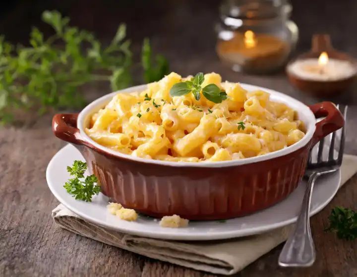 dish of macaroni cheese on a wooden table, AI generated image
