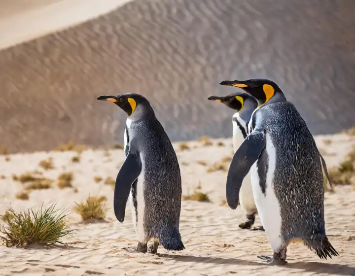 climate change environmental concept penguins in the desert, AI generated image