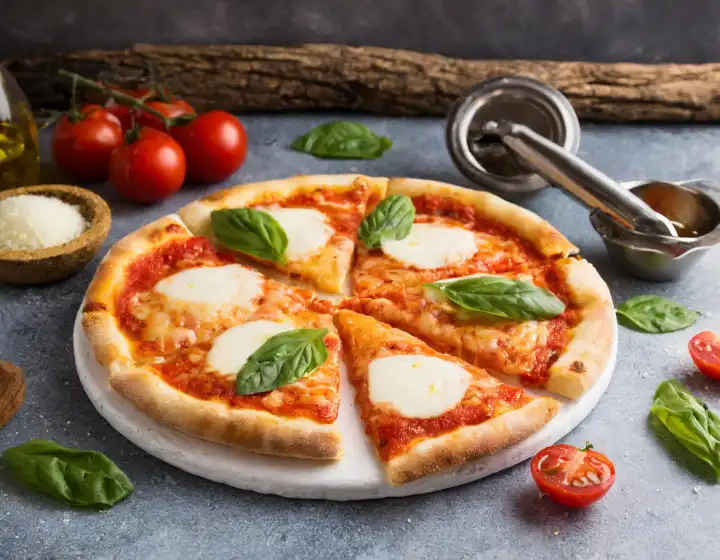 Sliced pizza margherita with tomato basil mozzarella, AI generated image