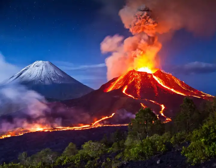 volcano erupting in the nighttime, smoke and fire, AI generated image