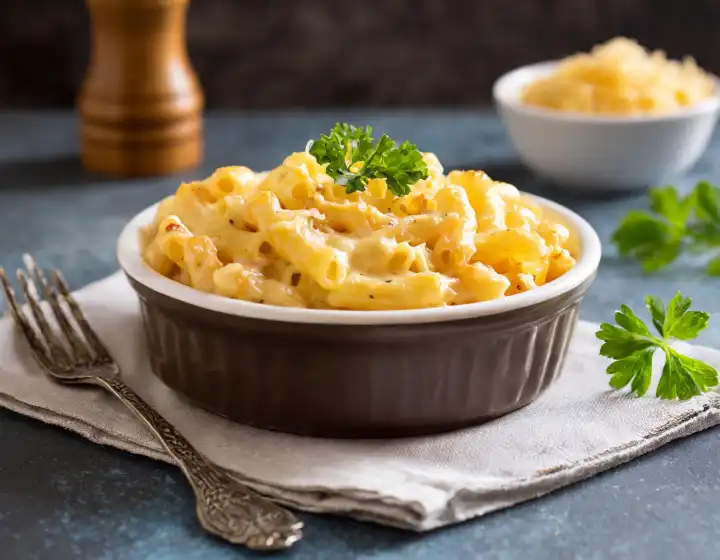 dish of macaroni cheese on a table, AI generated image