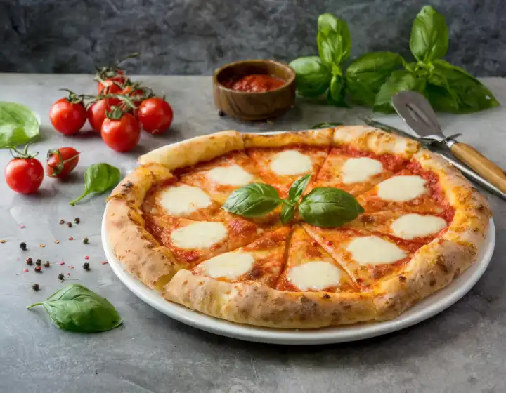 sliced pizza margherita with tomato basil mozzarella, AI generated image