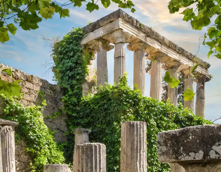 ruins of ancient greek temple overgrown with ivy, AI generated image