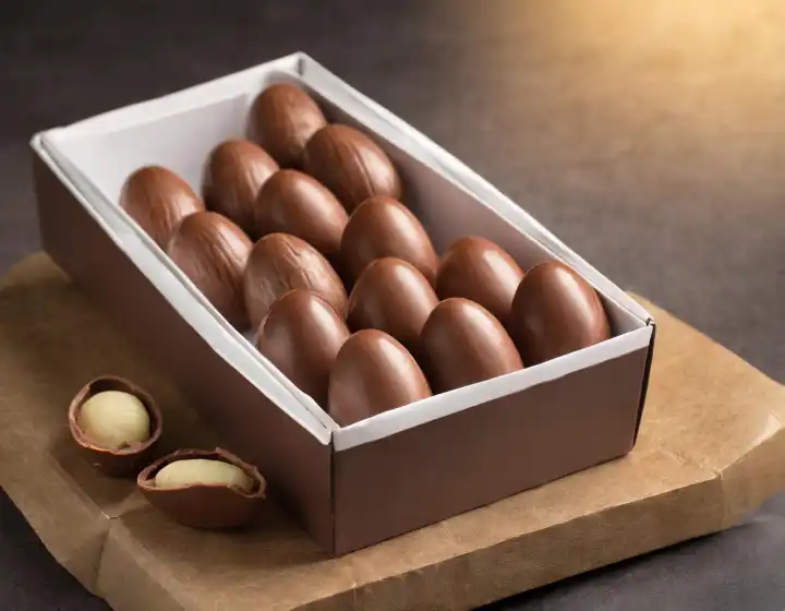 many easter chocolate eggs in a box, AI generated image
