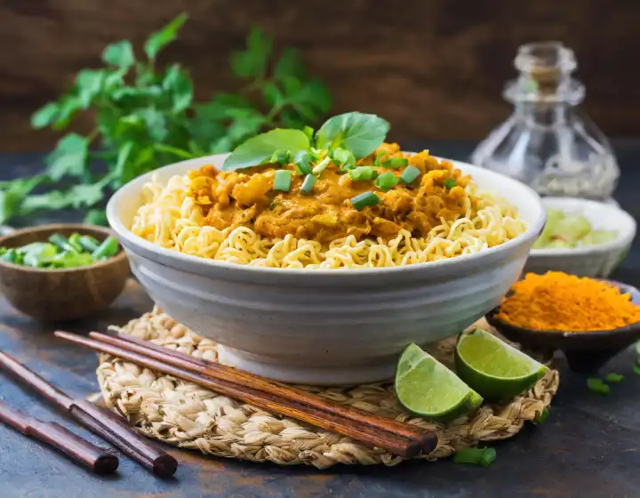 Curry-Nudeln vegetarisches asiatisches Essen in einer Schüssel, AI generiertes Bild