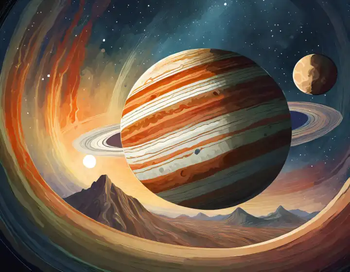 Künstler-Impression des Planeten Jupiter abstrakte Illustration, AI generiertes Bild