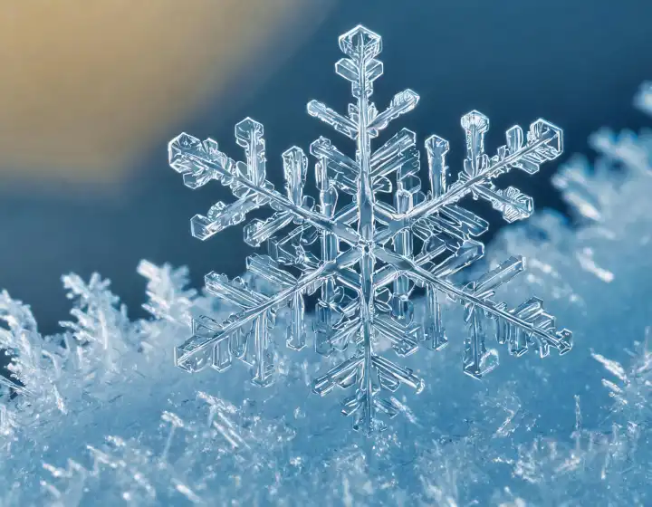 Makro-Detailansicht eines Schneekristalls aus Eis, AI generiertes Bild