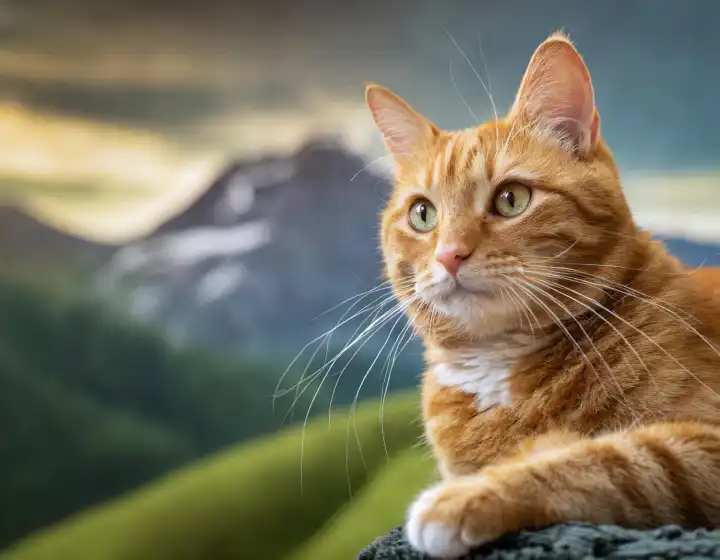gestromte Katze verschwommene Berge Hintergrund Kopie Raum, AI generierte Bild