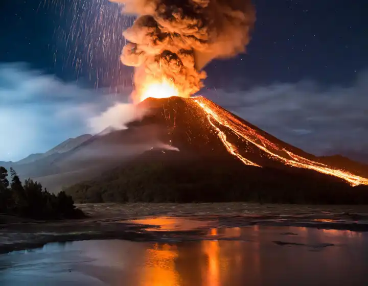 Vulkanausbruch in der Nacht, Rauch und Feuer, AI generiertes Bild