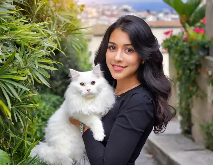 Frau in Schwarz gekleidet mit weißer Katze, AI generiertes Bild