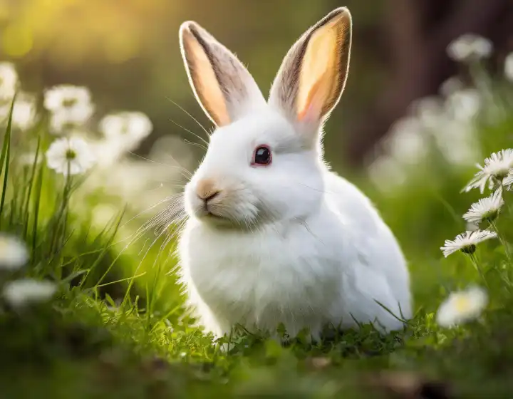 weißes Kaninchen im Gras unscharfer Hintergrund, AI generiertes Bild