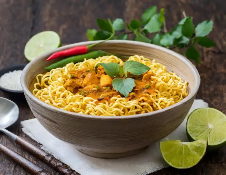 Curry-Nudeln vegetarisches asiatisches Essen in einer Schüssel, AI generiertes Bild
