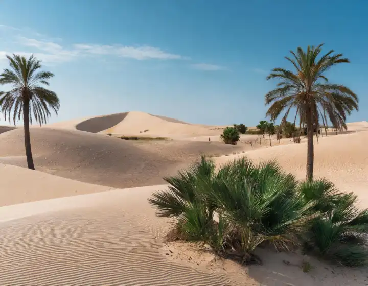 Palmen in einer Wüstenoase, nützlich als Hintergrund, AI generiertes Bild