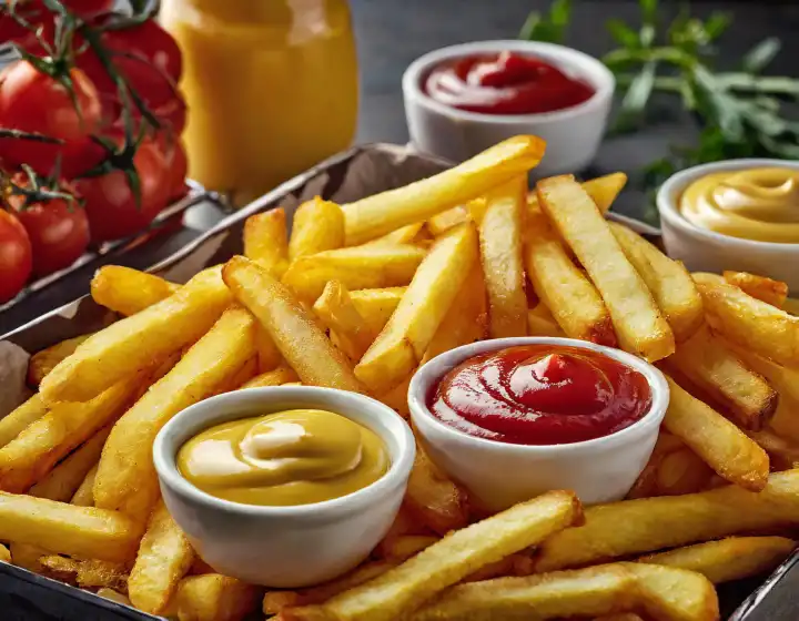 Pommes frites vegetarisches Essen nützlich als Hintergrund, AI generiertes Bild