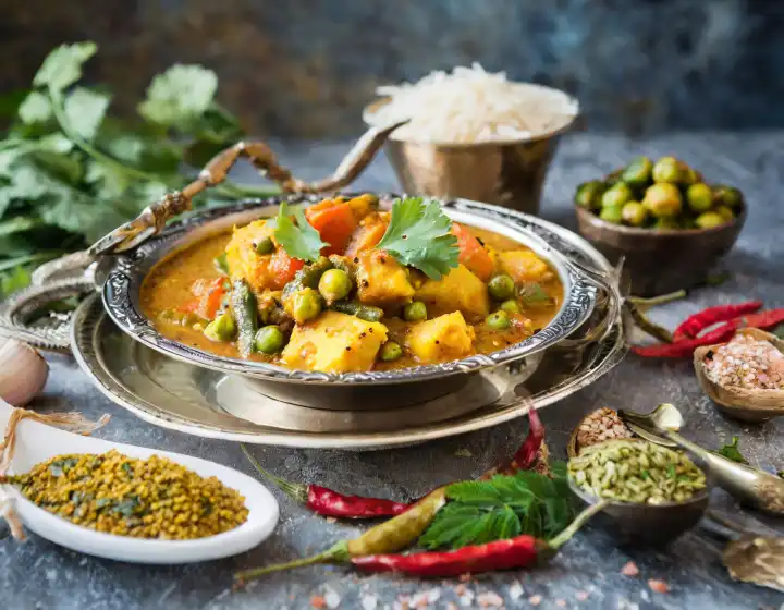 traditionelle indische vegetarische Gerichte auf einem Tisch, AI generiertes Bild