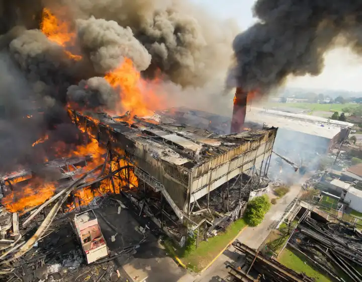 industrial ruins of abandoned factory on fire, AI generated image