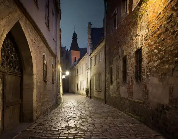 dunkle schmale Straße in einer mittelalterlichen Stadt, AI generiertes Bild