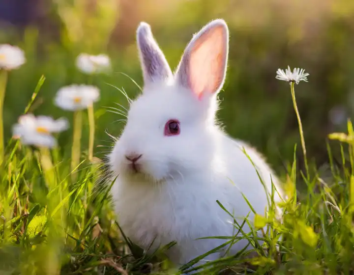 white rabbit in the grass blurred backround, AI generated image