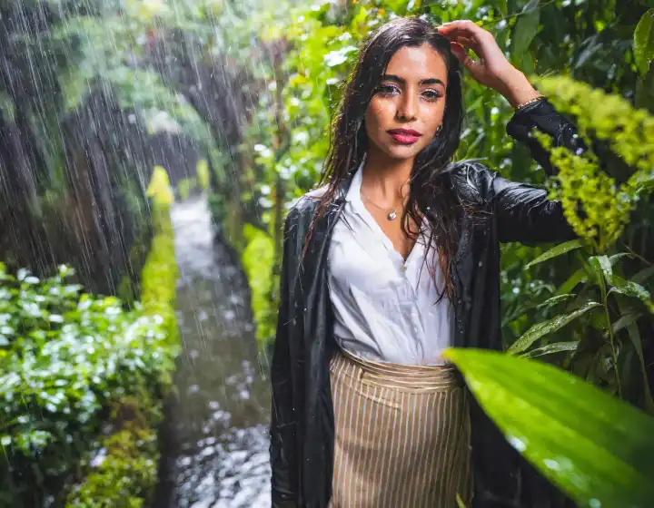 schöne elegante Frau in üppiger Vegetation im Freien im Regen, AI generiertes Bild