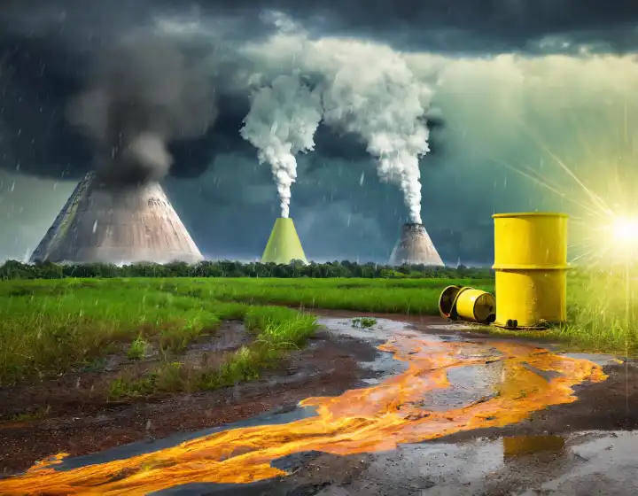 pollution with acid rain and radioactive waste, AI generated image