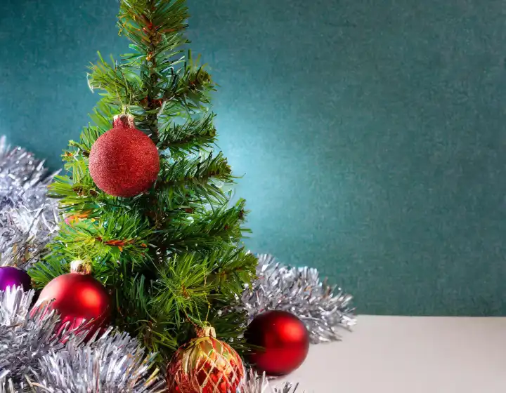 christmas tree background with baubles and tinsel copy space, AI generated image