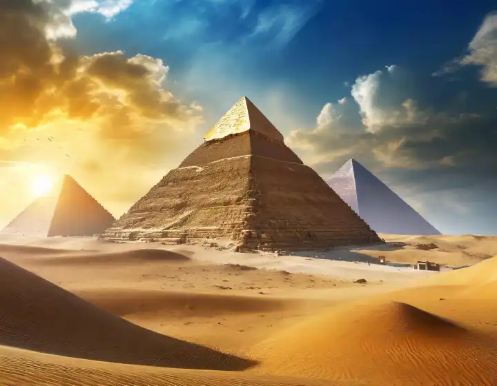 antike ägyptische Pyramidenruinen in der ägyptischen Wüste, AI generiertes Bild