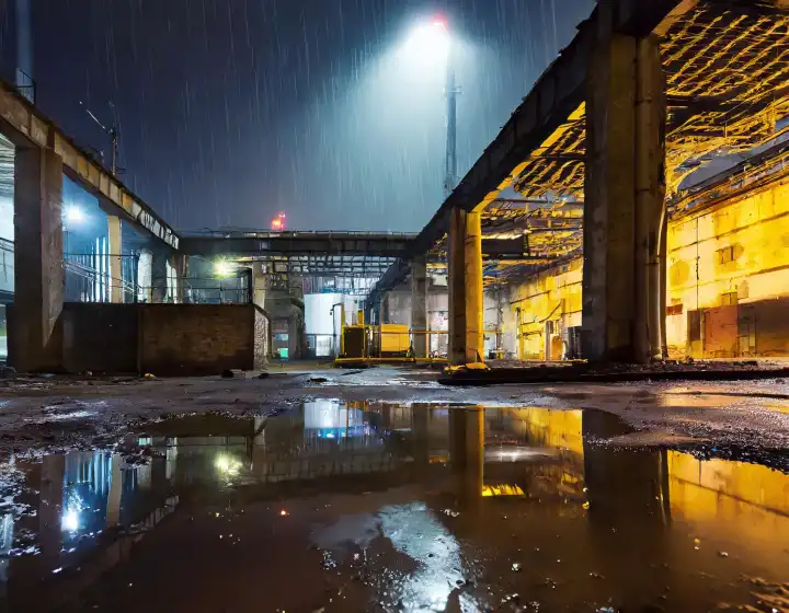 Industrieruinen einer verlassenen Fabrik bei Nacht im Regen, AI generiertes Bild