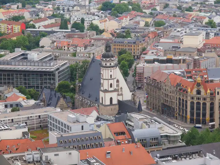 Aerial view of the city of Leipzig in Germany with the Thomaskirche church