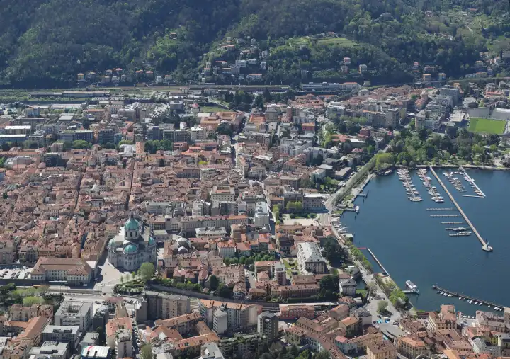 Large panoramic aerial view of the city and lake of Como, Italy
