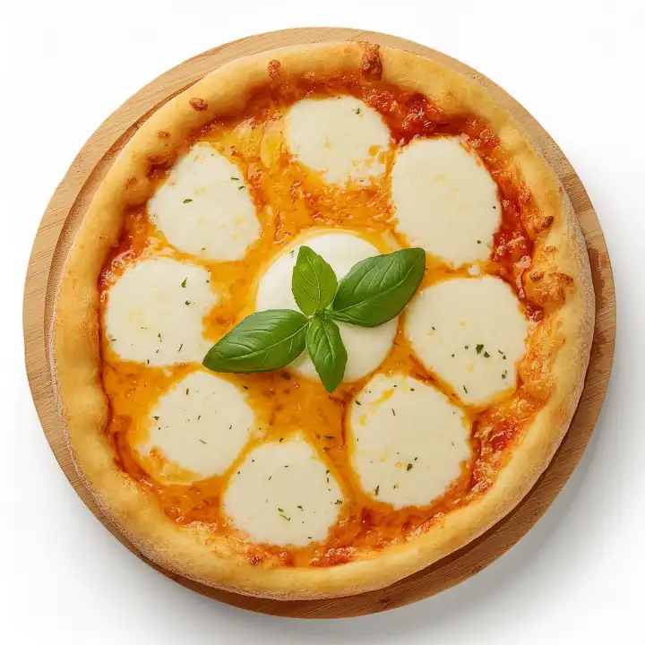 pizza margherita Essen flach legen Draufsicht über weiß AI generiertes Bild