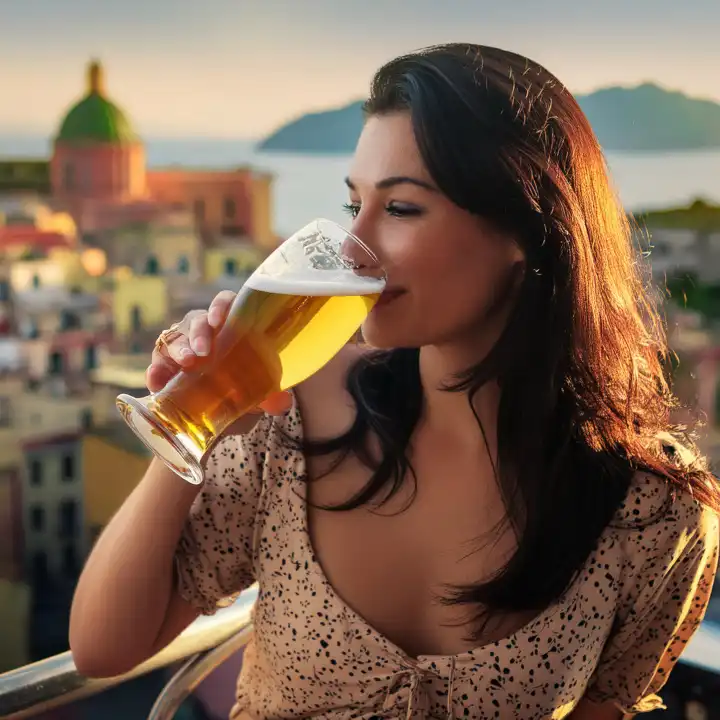 wunderschöne Brünette Frau weibliches Modell trinken Bier AI generiertes Bild
