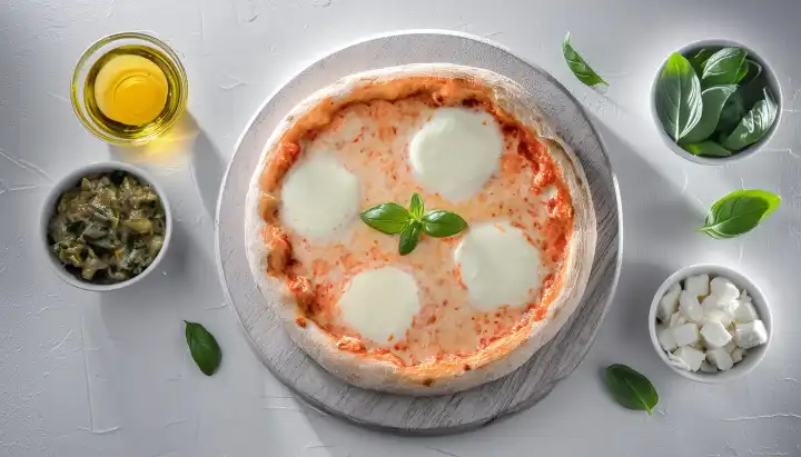 Pizza Margherita Lebensmittel flach legen Draufsicht AI generiertes Bild