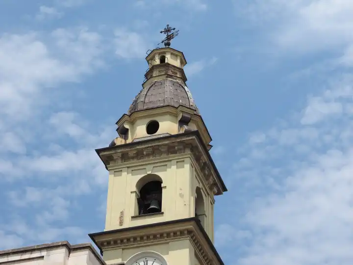 Steeple of Chiesa di Santa Cristina e Carlo church in Piazza San Carlo in Turin, Italy