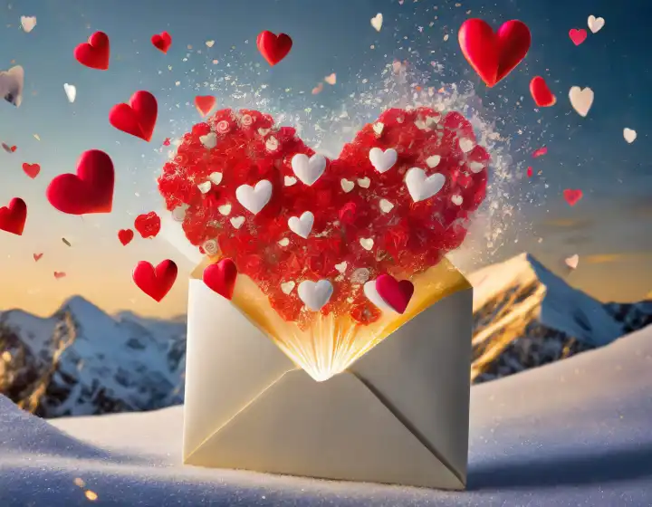 Umschlag platzt mit Herzen für Valentinstag, generiert mit KI