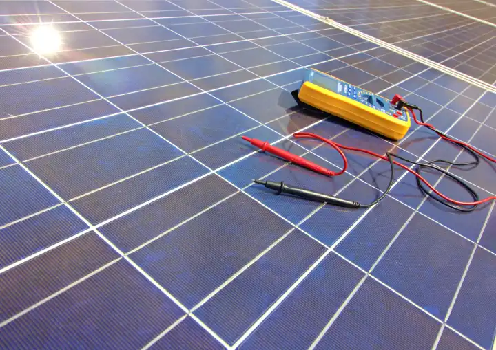 Zähler auf Solarpaneelen mit Sonnenschein
