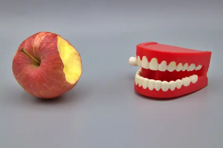 Comedy-Zähne nehmen ein Stück vom Apfel