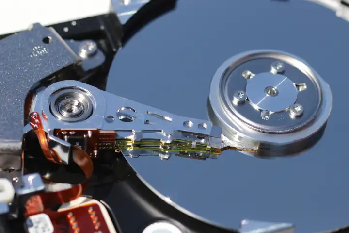 Open hard drive showing metal disk and reading head