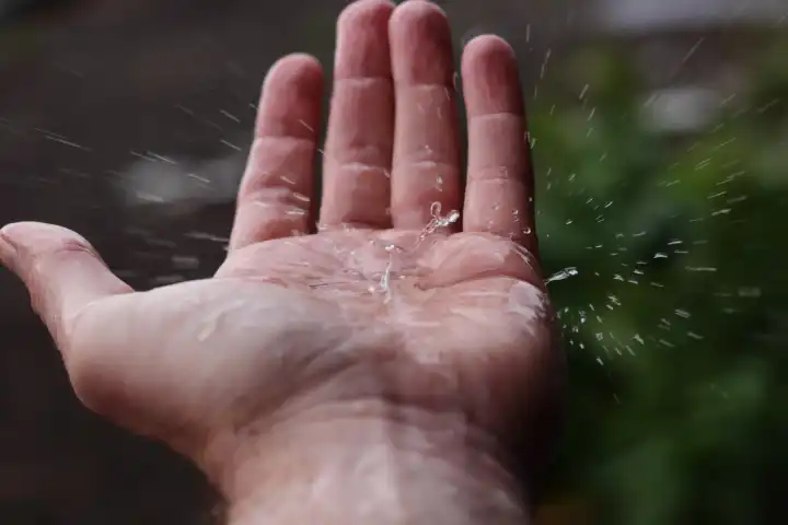 Nahaufnahme von Regen, der auf eine Hand spritzt