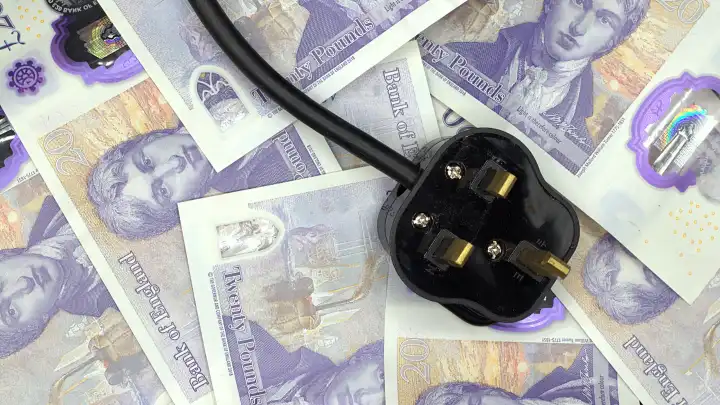 The rising cost of electrcity represented by a British 3 pin plug on some money