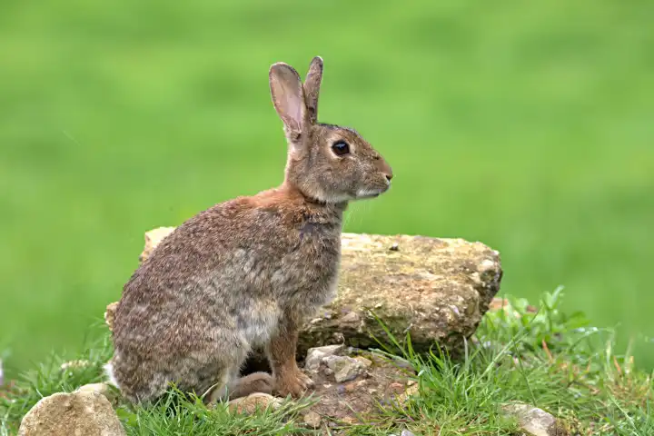 Wild British rabbit sitting on rocks outdoors in spring