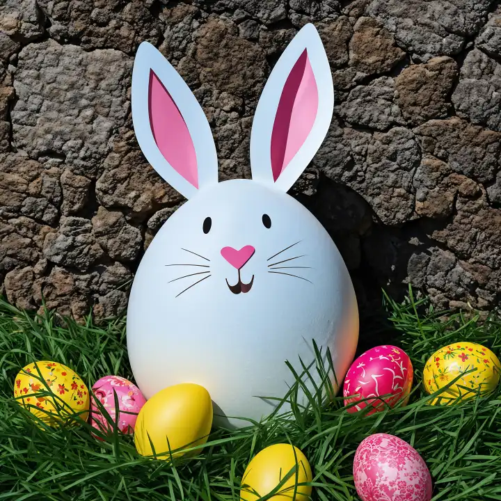 An AI-generated image of an Easter bunny with Easter eggs