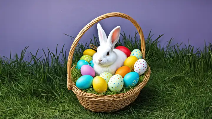 An AI-generated image of an Easter bunny with Easter eggs