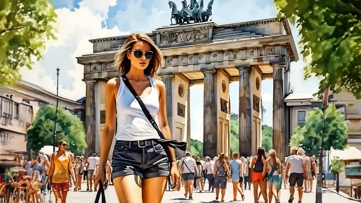 Eine Frau vor dem Brandenburger Tor in Berlin, generiert mit KI