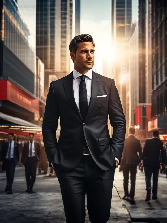 Ein Geschäftsmann im Anzug vor städtischem Hintergrund (AI Created)